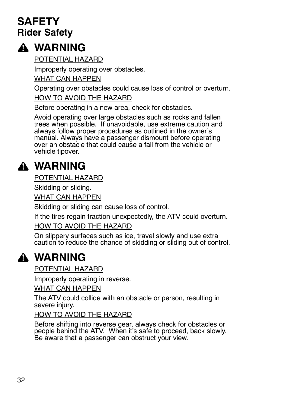 Safety, Warning, Rider safety | Polaris Sportsmabn X2 500 EFI User Manual | Page 35 / 136