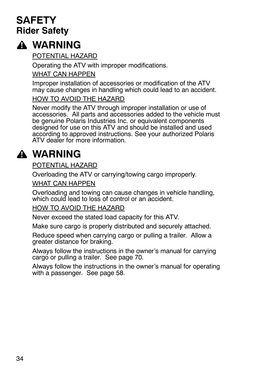 Safety, Warning, Rider safety | Polaris Sportsmabn X2 500 EFI User Manual | Page 37 / 136