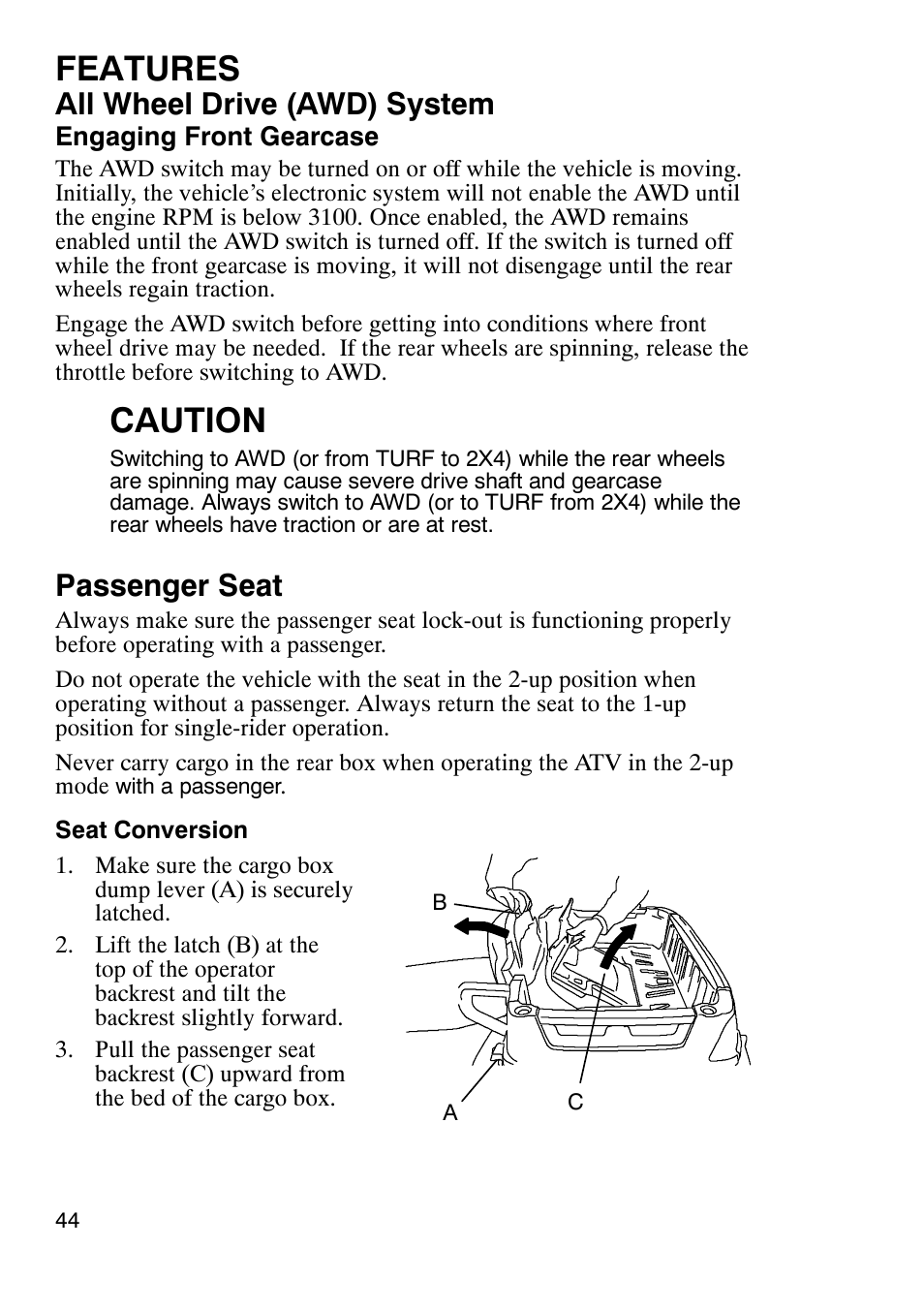 Features, Caution, All wheel drive (awd) system | Passenger seat | Polaris Sportsmabn X2 500 EFI User Manual | Page 47 / 136