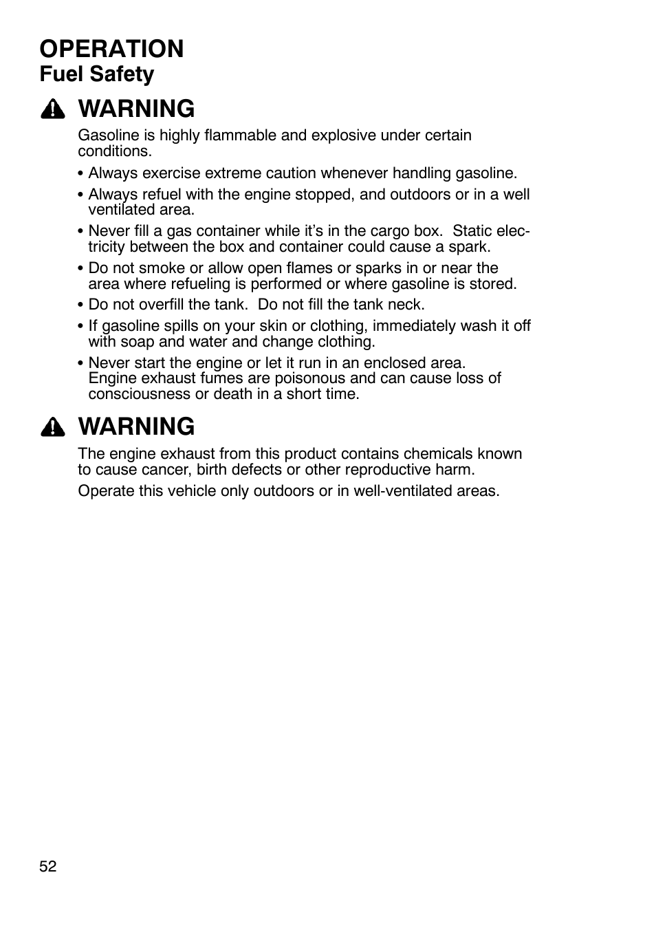 Operation, Warning, Fuel safety | Polaris Sportsmabn X2 500 EFI User Manual | Page 55 / 136