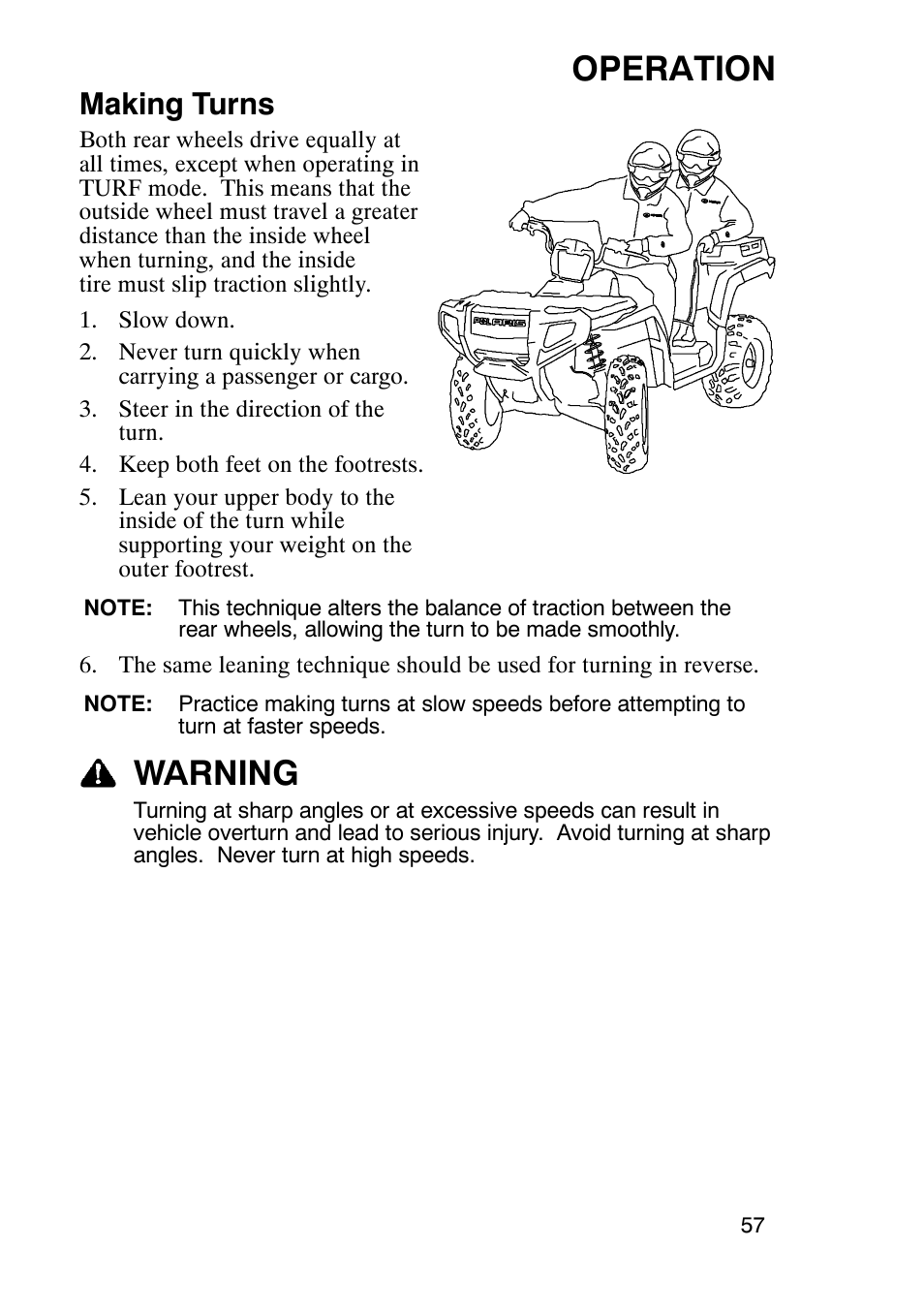 Operation, Warning, Making turns | Polaris Sportsmabn X2 500 EFI User Manual | Page 60 / 136