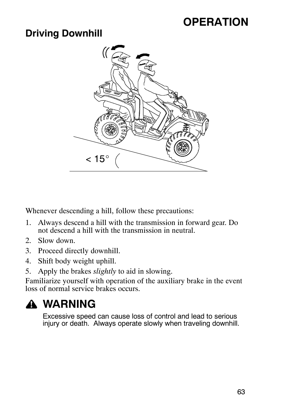 Operation, Warning, Driving downhill | Polaris Sportsmabn X2 500 EFI User Manual | Page 66 / 136