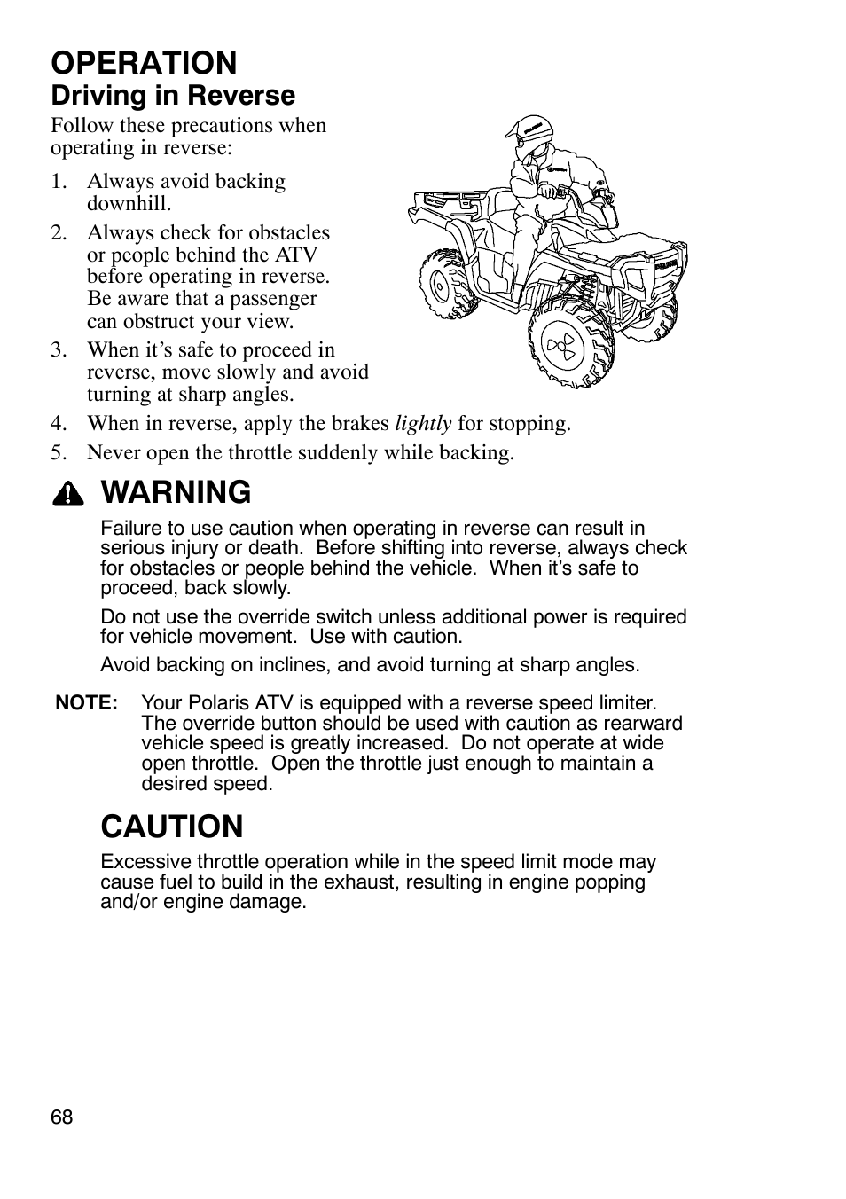 Operation, Warning, Caution | Driving in reverse | Polaris Sportsmabn X2 500 EFI User Manual | Page 71 / 136