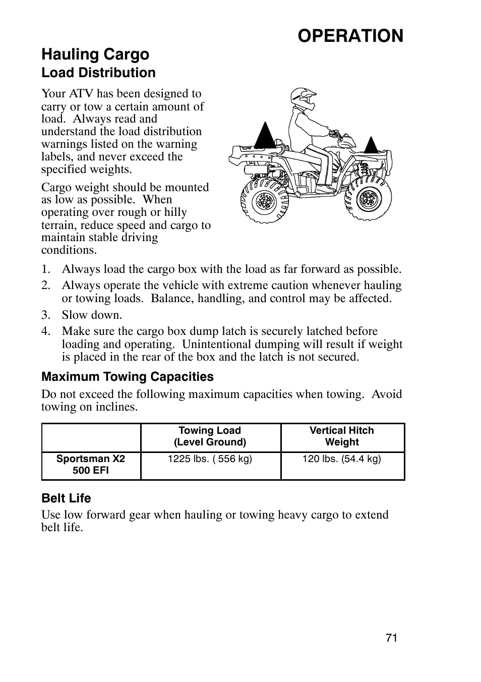 Operation, Hauling cargo | Polaris Sportsmabn X2 500 EFI User Manual | Page 74 / 136