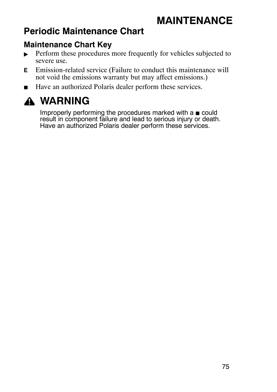 Maintenance, Warning, Periodic maintenance chart | Polaris Sportsmabn X2 500 EFI User Manual | Page 78 / 136