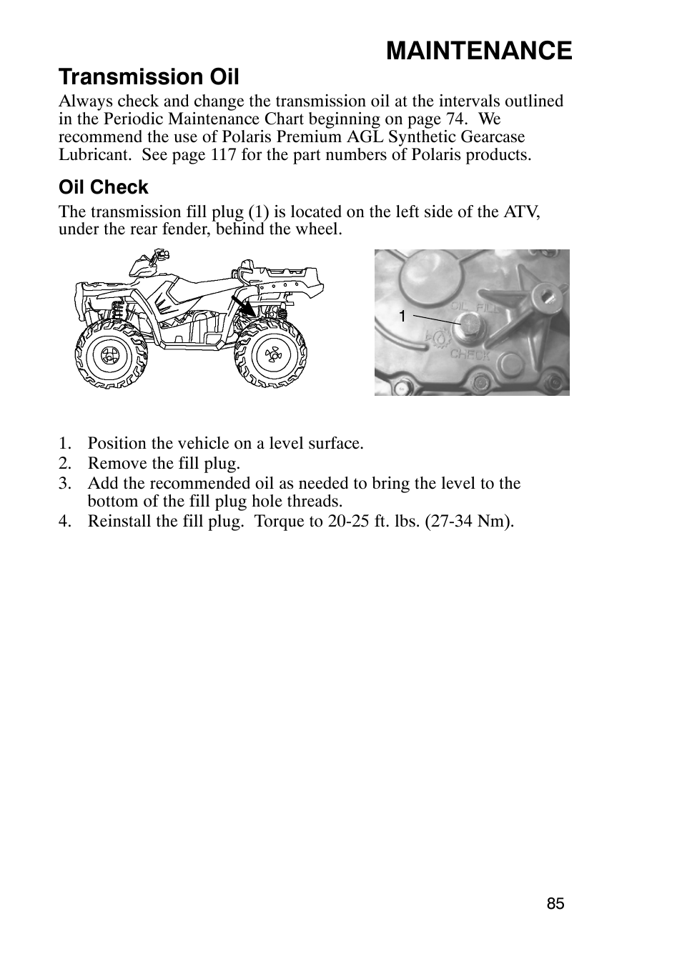 Maintenance, Transmission oil | Polaris Sportsmabn X2 500 EFI User Manual | Page 88 / 136