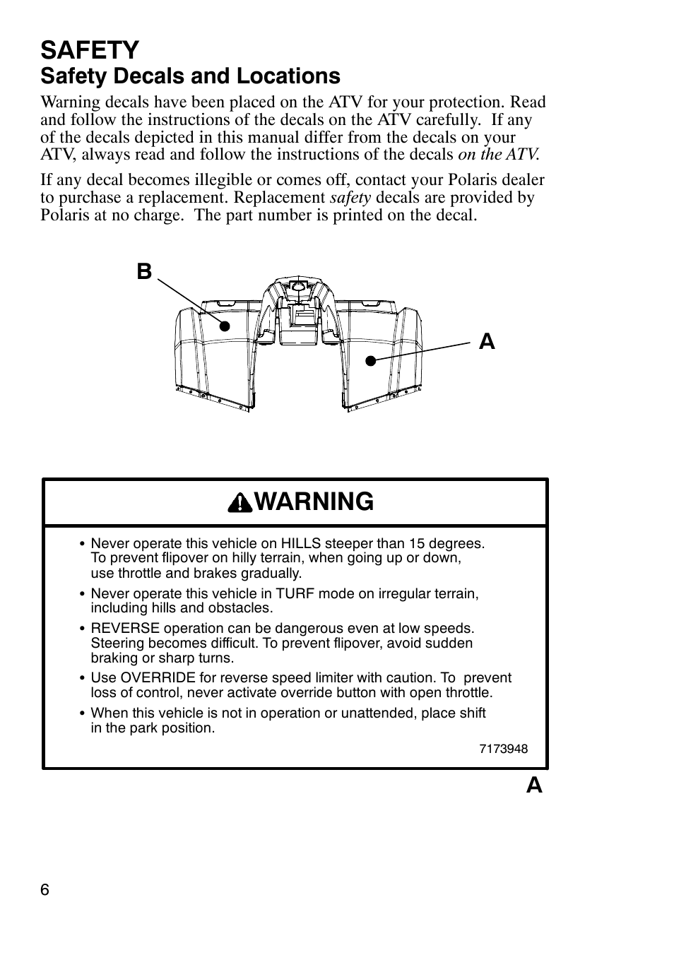 Safety, Warning, Safety decals and locations | Ab a | Polaris Sportsmabn X2 500 EFI User Manual | Page 9 / 136