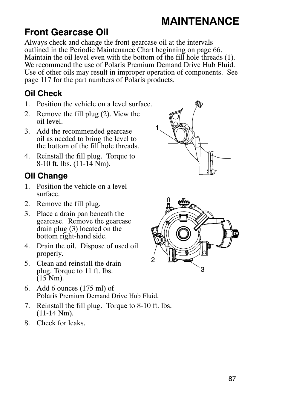 Maintenance, Front gearcase oil | Polaris Sportsmabn X2 500 EFI User Manual | Page 90 / 136