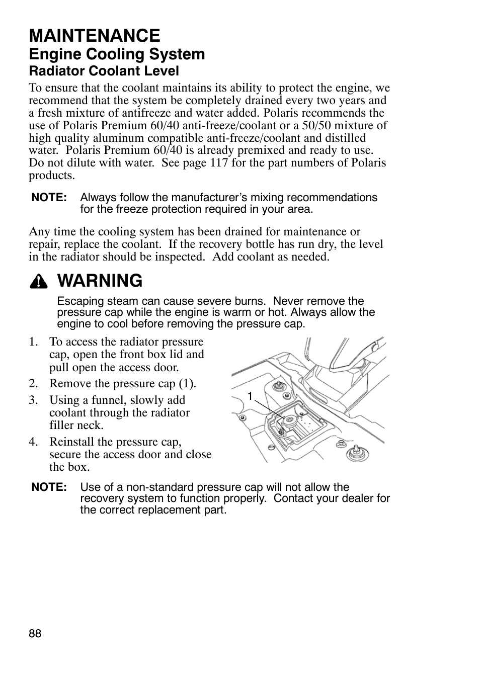 Maintenance, Warning, Engine cooling system | Polaris Sportsmabn X2 500 EFI User Manual | Page 91 / 136