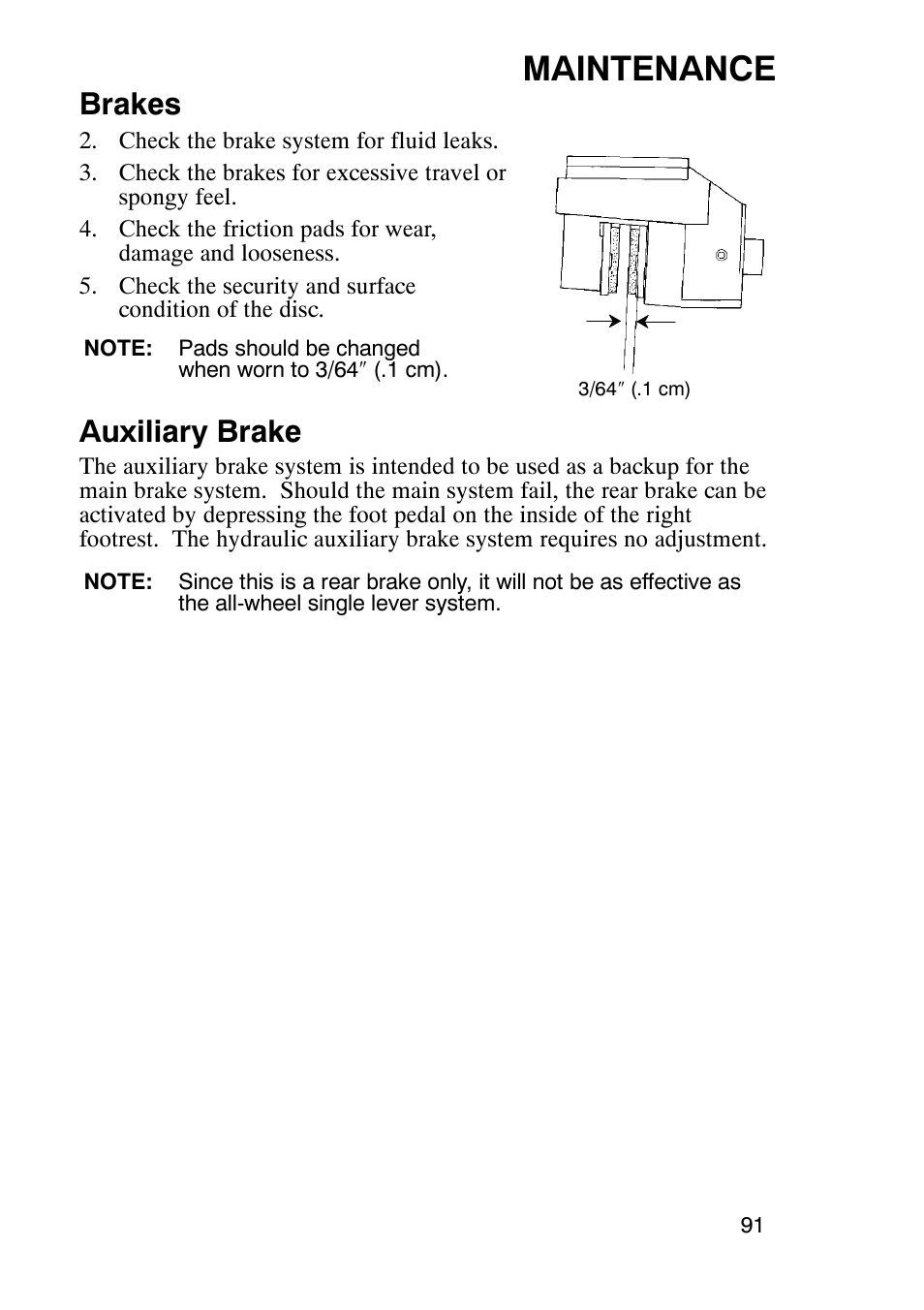 Maintenance, Brakes, Auxiliary brake | Polaris Sportsmabn X2 500 EFI User Manual | Page 94 / 136