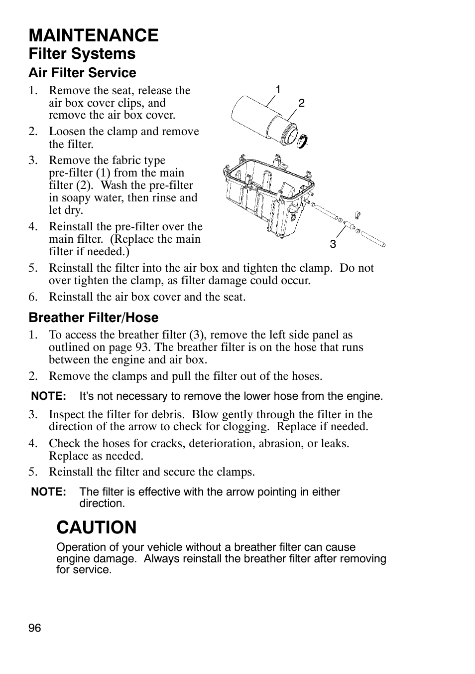 Maintenance, Caution, Filter systems | Polaris Sportsmabn X2 500 EFI User Manual | Page 99 / 136