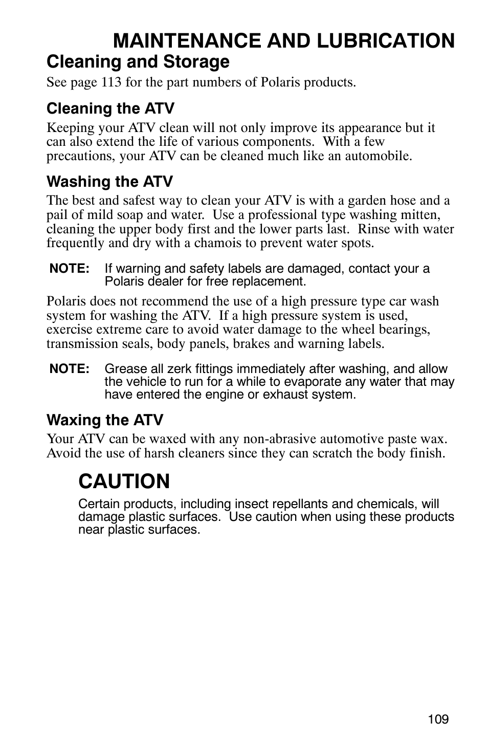 Maintenance and lubrication, Caution, Cleaning and storage | Polaris Sportsman 6x6 User Manual | Page 112 / 133