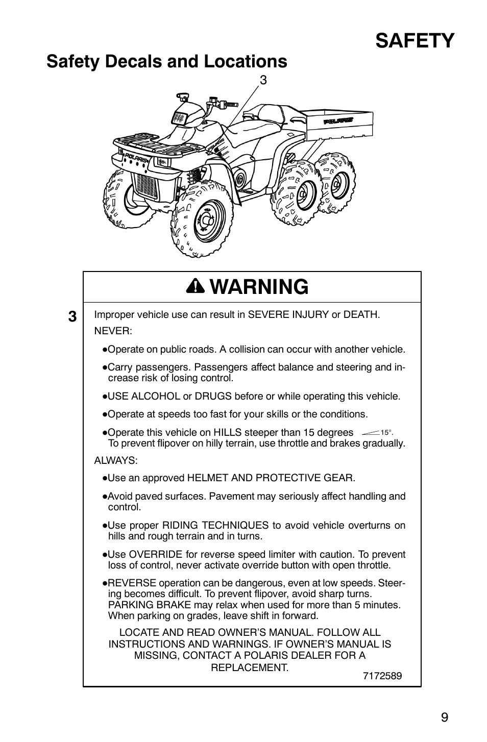 Warning, Safety, Safety decals and locations | Polaris Sportsman 6x6 User Manual | Page 12 / 133