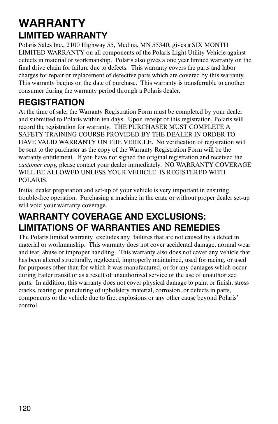 Warranty, Limited warranty, Registration | Polaris Sportsman 6x6 User Manual | Page 123 / 133