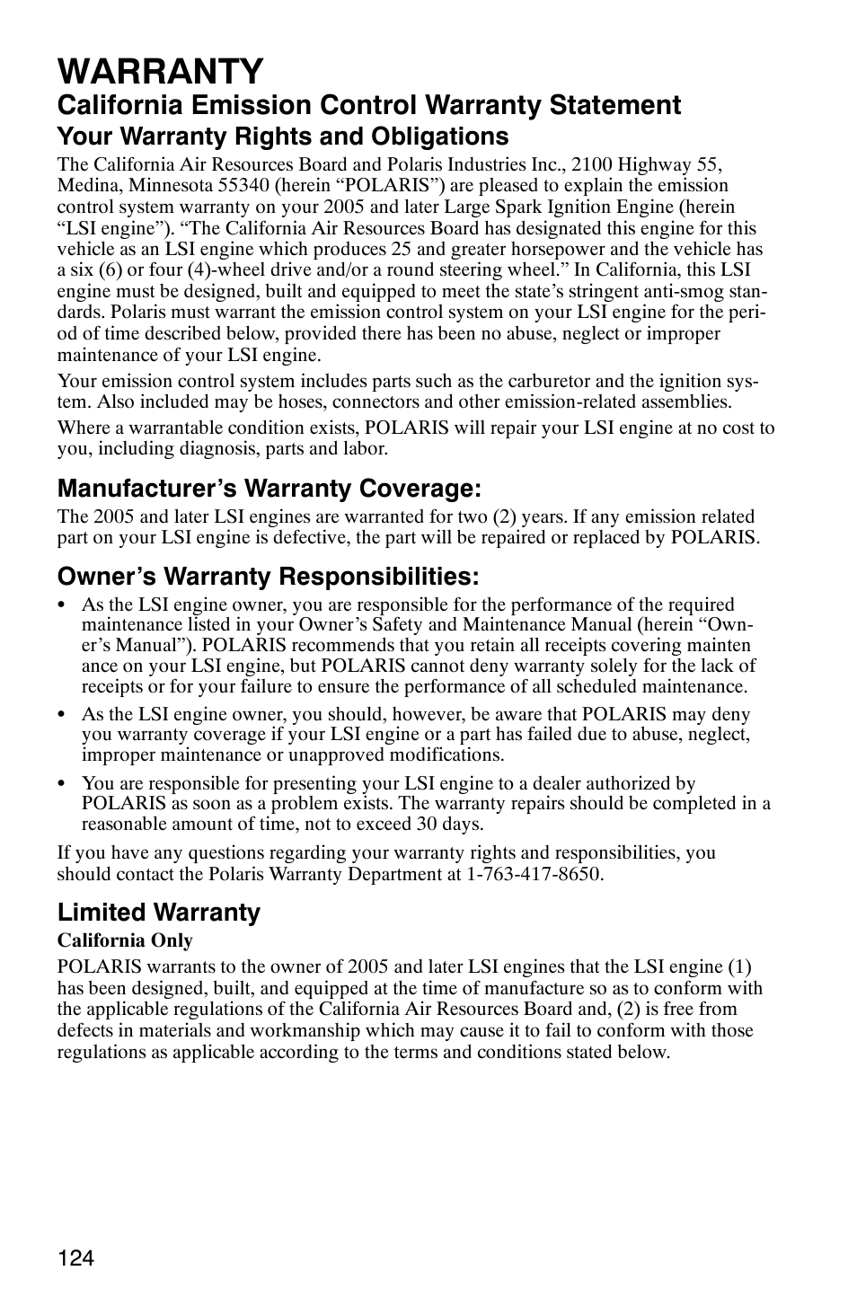 Warranty, California emission control warranty statement, Your warranty rights and obligations | Manufacturer’s warranty coverage, Owner’s warranty responsibilities, Limited warranty | Polaris Sportsman 6x6 User Manual | Page 127 / 133