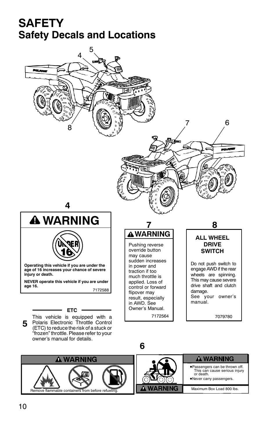 Safety, Safety decals and locations, Warning | Polaris Sportsman 6x6 User Manual | Page 13 / 133