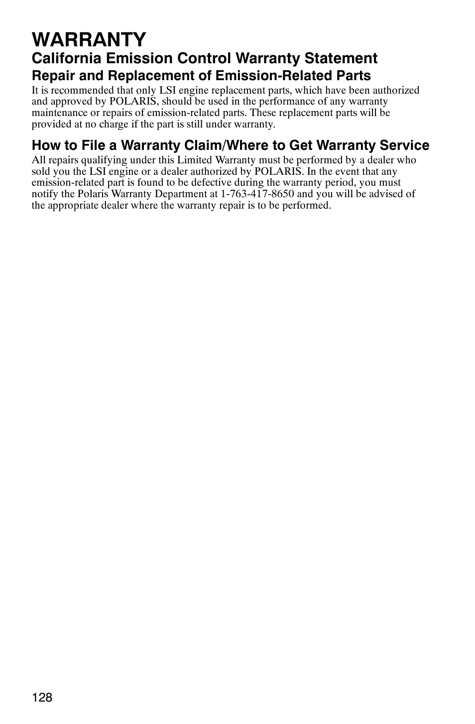 Warranty, California emission control warranty statement | Polaris Sportsman 6x6 User Manual | Page 131 / 133