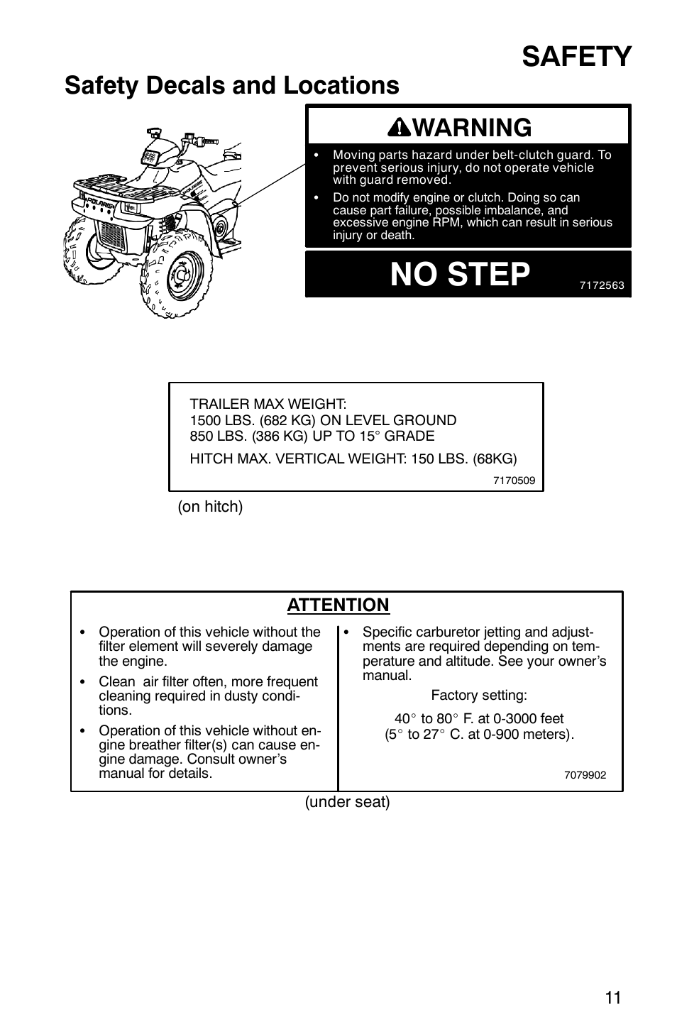No step, Safety, Safety decals and locations | Warning, Attention | Polaris Sportsman 6x6 User Manual | Page 14 / 133