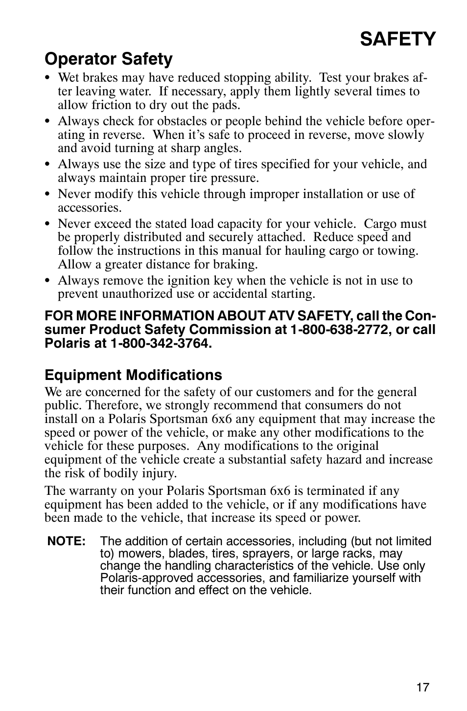 Safety, Operator safety | Polaris Sportsman 6x6 User Manual | Page 20 / 133