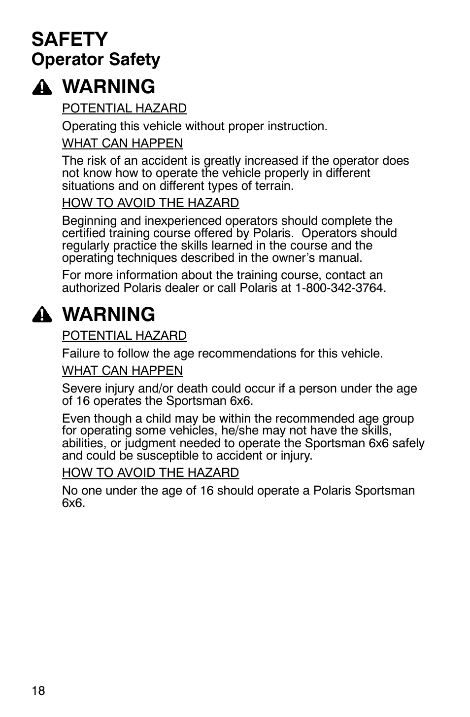 Safety, Warning, Operator safety | Polaris Sportsman 6x6 User Manual | Page 21 / 133