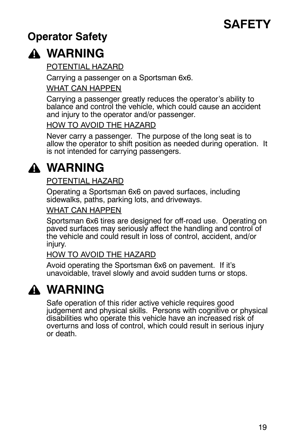 Safety, Warning, Operator safety | Polaris Sportsman 6x6 User Manual | Page 22 / 133