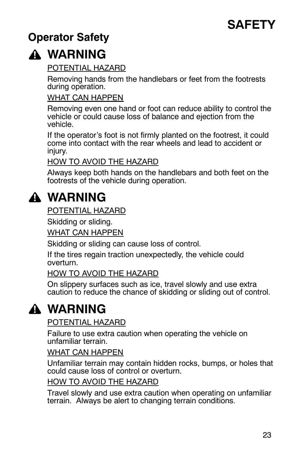Safety, Warning, Operator safety | Polaris Sportsman 6x6 User Manual | Page 26 / 133