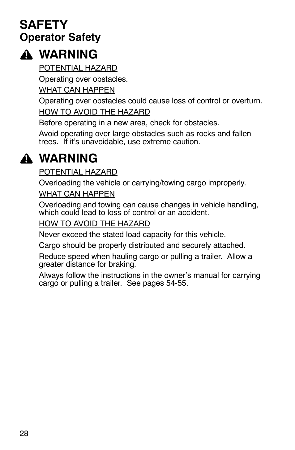Safety, Warning, Operator safety | Polaris Sportsman 6x6 User Manual | Page 31 / 133