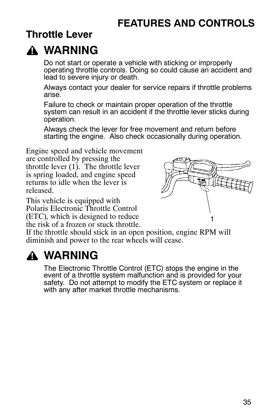 Warning, Features and controls throttle lever | Polaris Sportsman 6x6 User Manual | Page 38 / 133