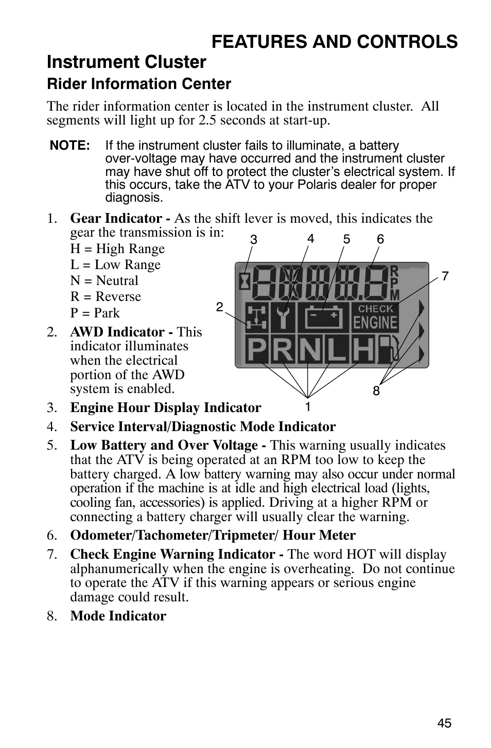 Features and controls instrument cluster | Polaris Sportsman 6x6 User Manual | Page 48 / 133