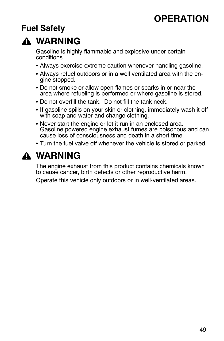 Operation, Warning, Fuel safety | Polaris Sportsman 6x6 User Manual | Page 52 / 133