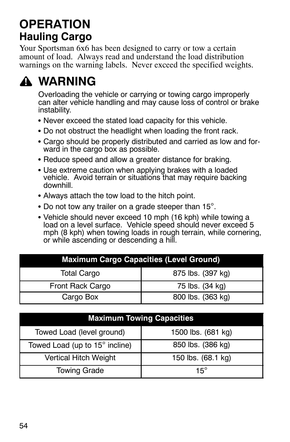 Operation, Warning, Hauling cargo | Polaris Sportsman 6x6 User Manual | Page 57 / 133