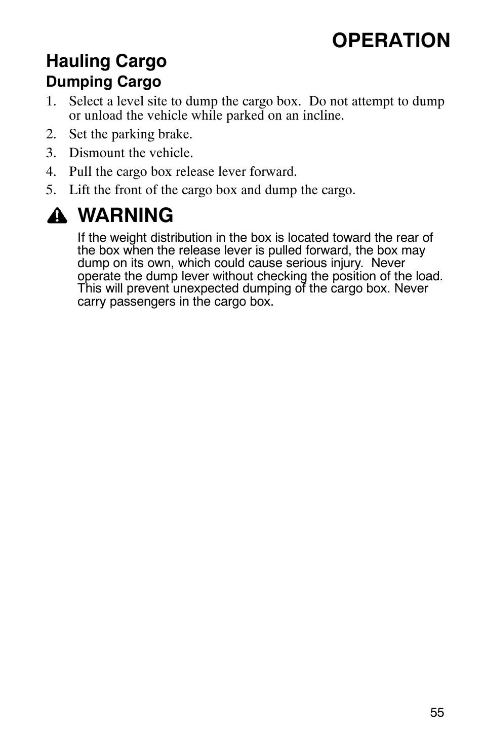 Operation, Warning, Hauling cargo | Polaris Sportsman 6x6 User Manual | Page 58 / 133