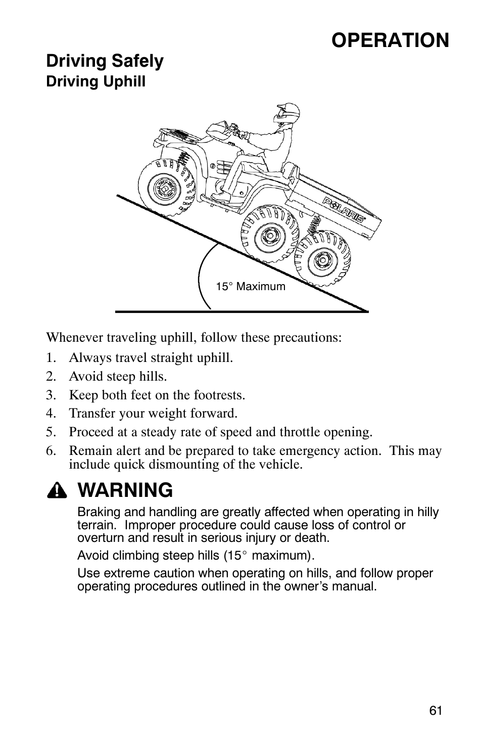 Operation, Warning, Driving safely | Polaris Sportsman 6x6 User Manual | Page 64 / 133