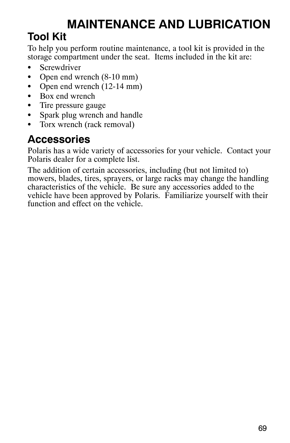 Maintenance and lubrication, Tool kit, Accessories | Polaris Sportsman 6x6 User Manual | Page 72 / 133