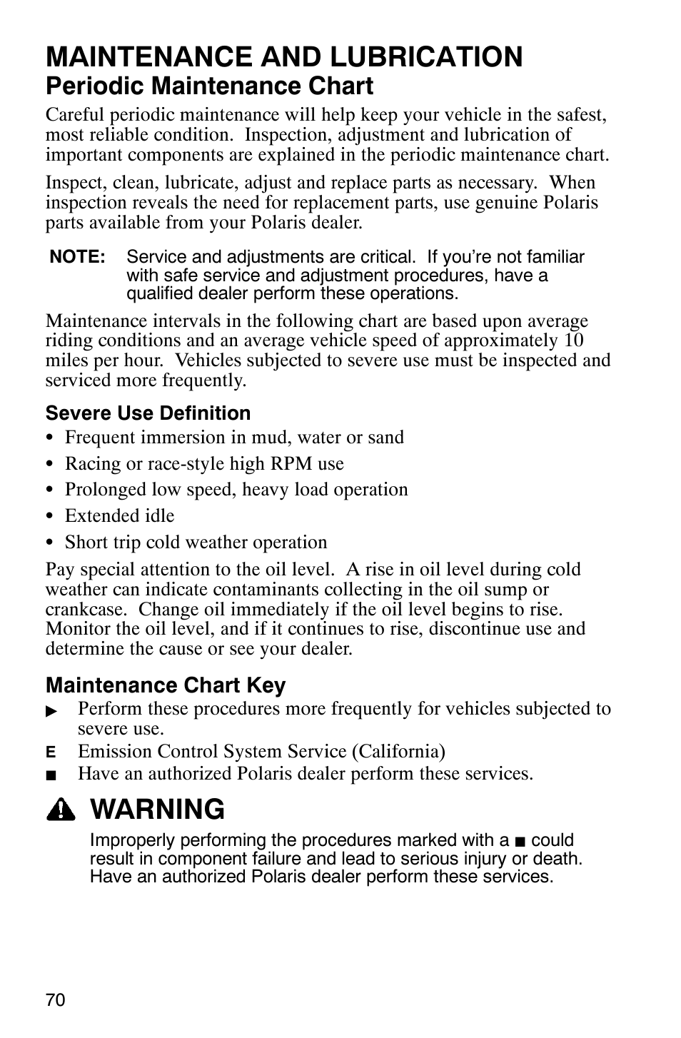 Maintenance and lubrication, Warning, Periodic maintenance chart | Polaris Sportsman 6x6 User Manual | Page 73 / 133