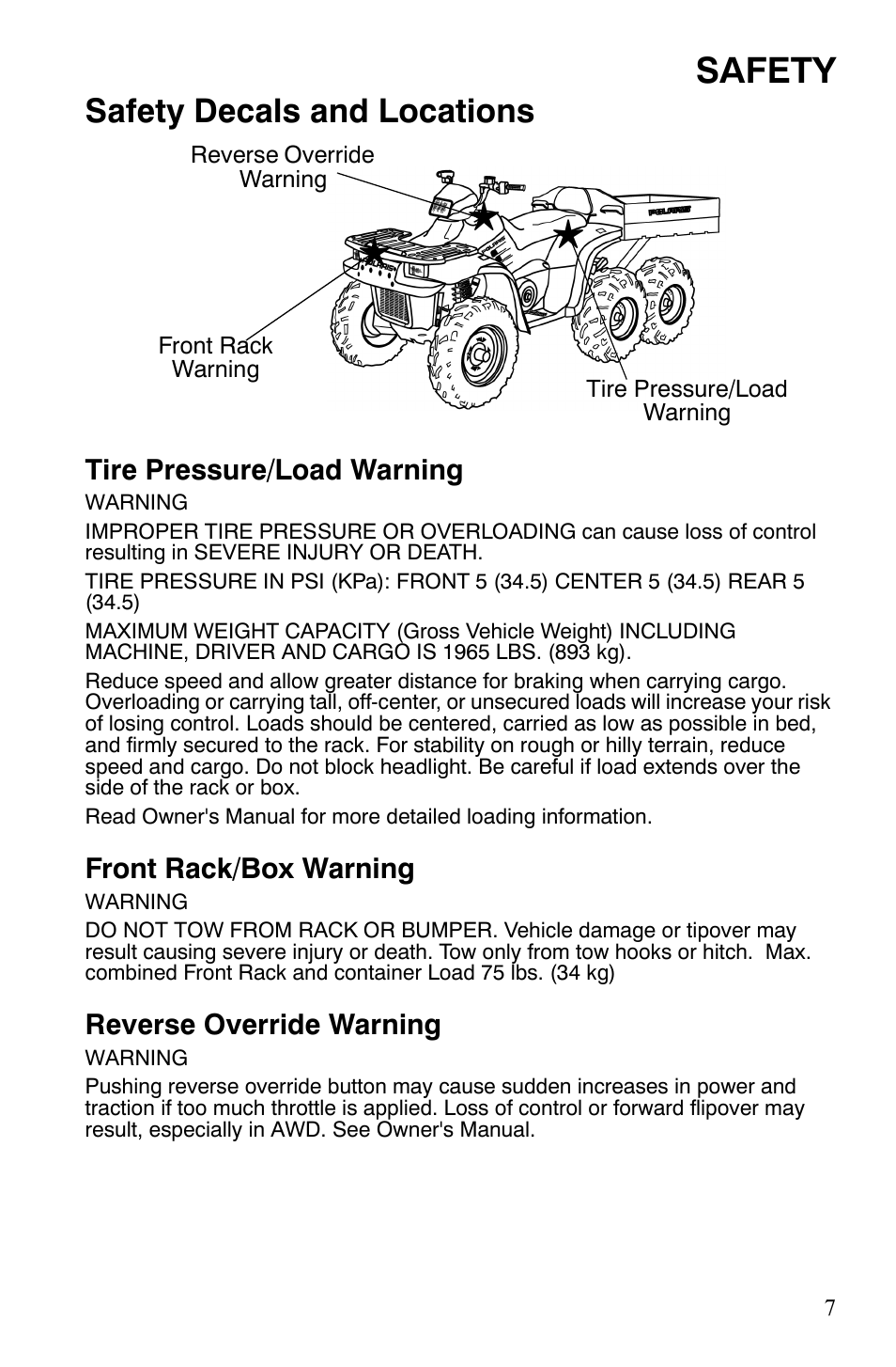 Safety, Safety decals and locations, Tire pressure/load warning | Front rack/box warning, Reverse override warning | Polaris Sportsman 9920775 User Manual | Page 10 / 144