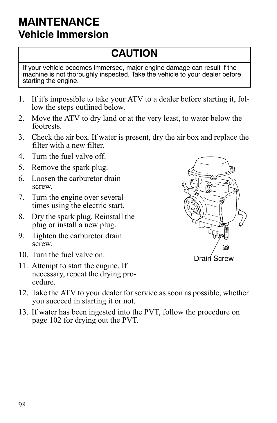 Maintenance, Vehicle immersion, Caution | Polaris Sportsman 9920775 User Manual | Page 101 / 144