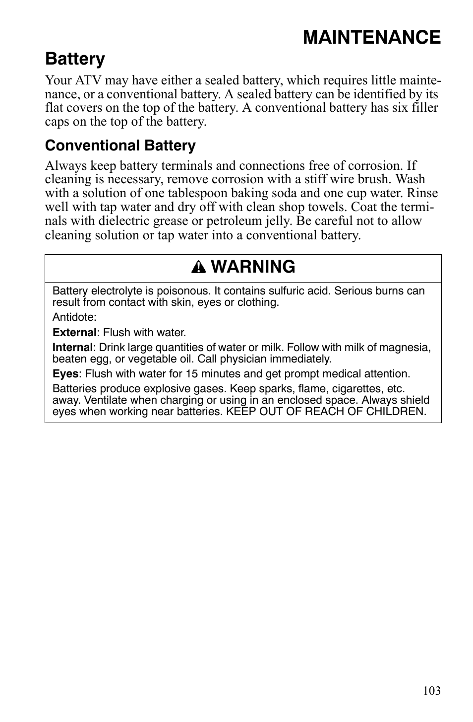 Maintenance, Battery, Warning | Polaris Sportsman 9920775 User Manual | Page 106 / 144
