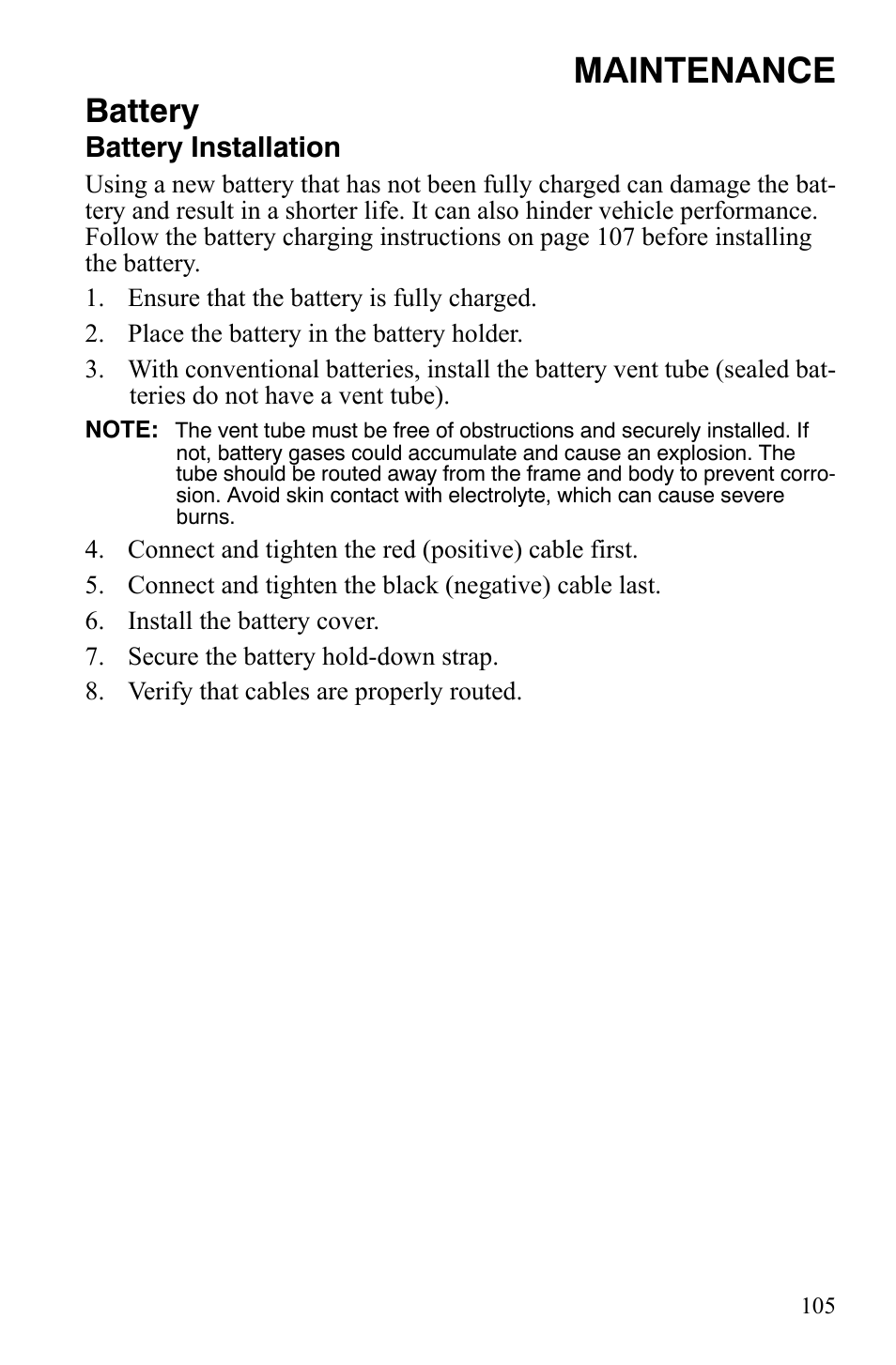 Maintenance, Battery, Battery installation | Polaris Sportsman 9920775 User Manual | Page 108 / 144