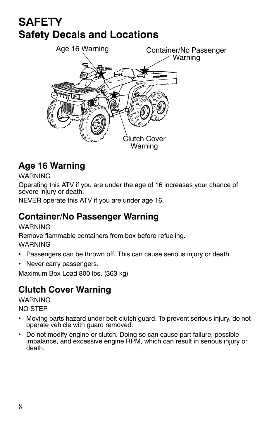 Safety, Safety decals and locations | Polaris Sportsman 9920775 User Manual | Page 11 / 144