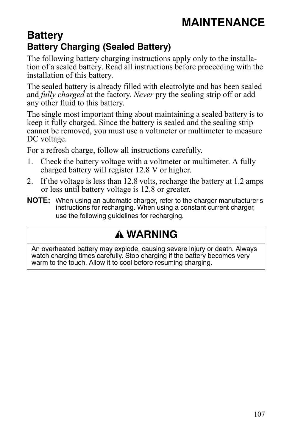 Maintenance, Battery, Warning | Polaris Sportsman 9920775 User Manual | Page 110 / 144