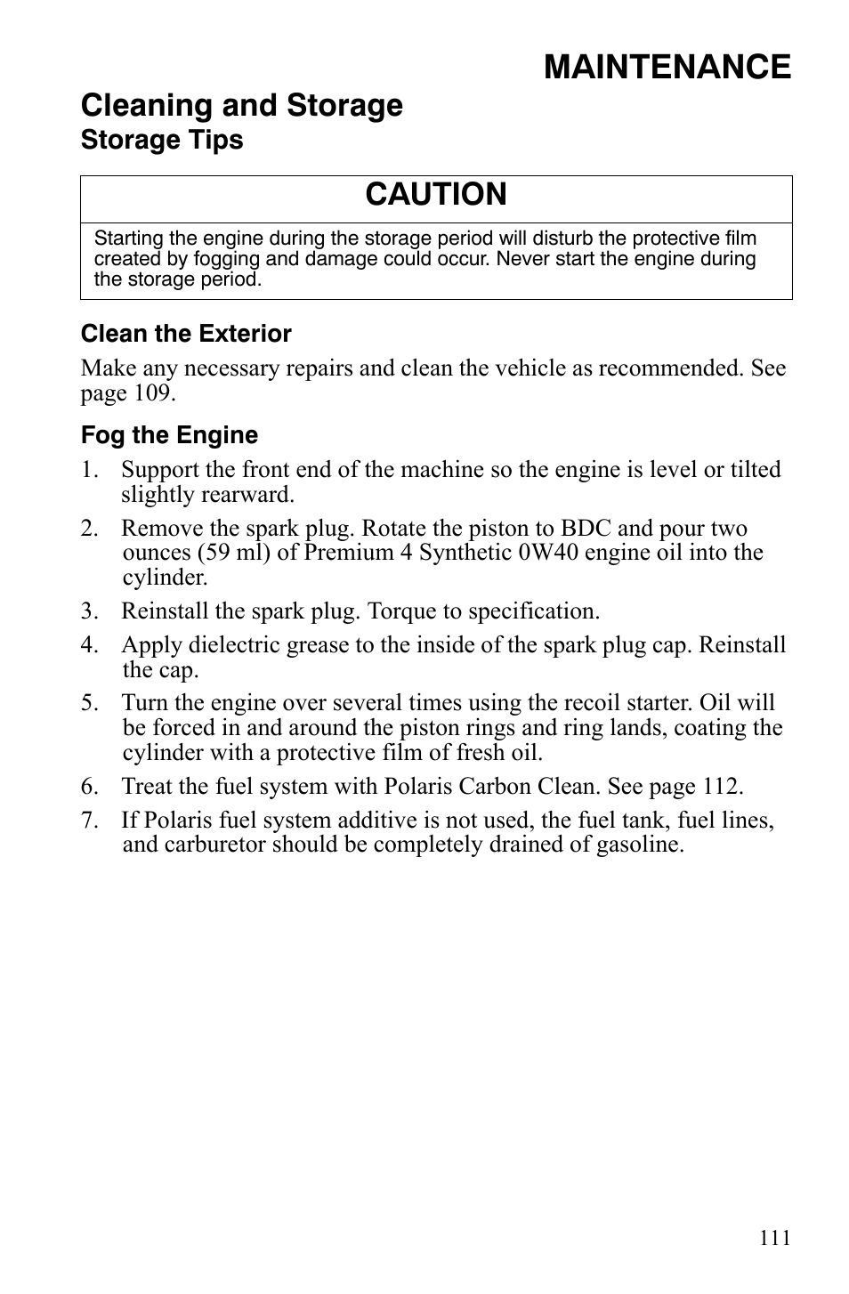 Maintenance, Cleaning and storage, Caution | Polaris Sportsman 9920775 User Manual | Page 114 / 144