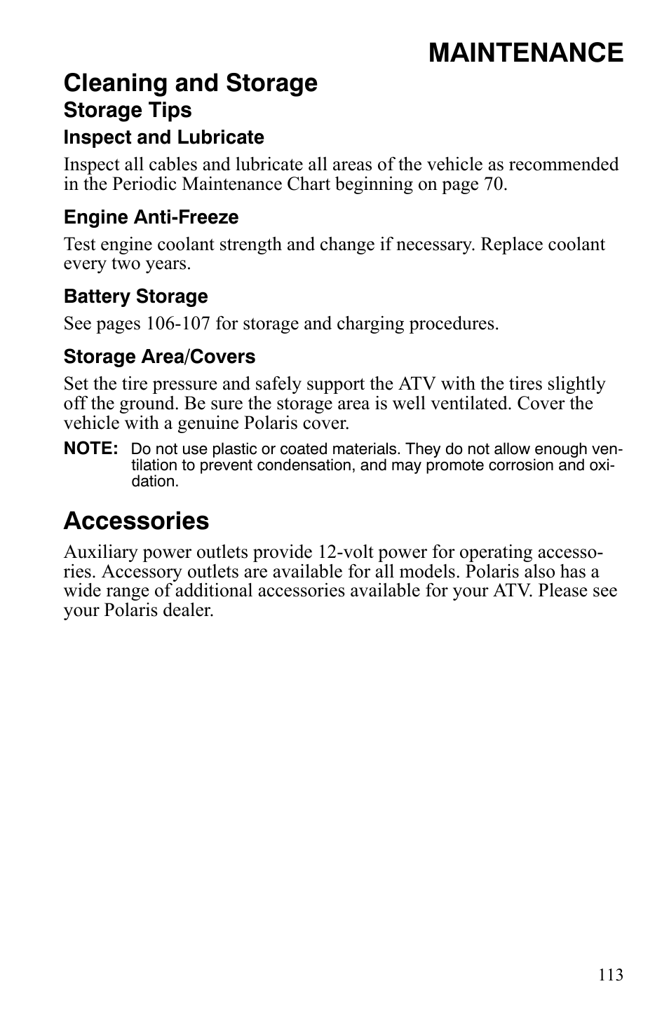 Maintenance, Cleaning and storage, Accessories | Polaris Sportsman 9920775 User Manual | Page 116 / 144