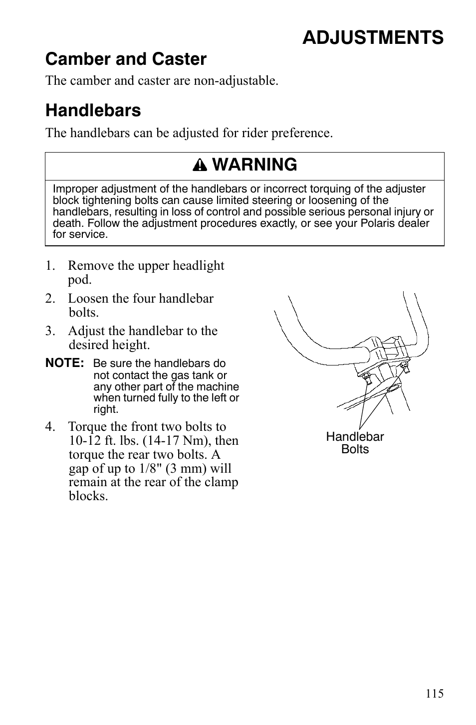 Adjustments, Camber and caster, Handlebars | Warning | Polaris Sportsman 9920775 User Manual | Page 118 / 144