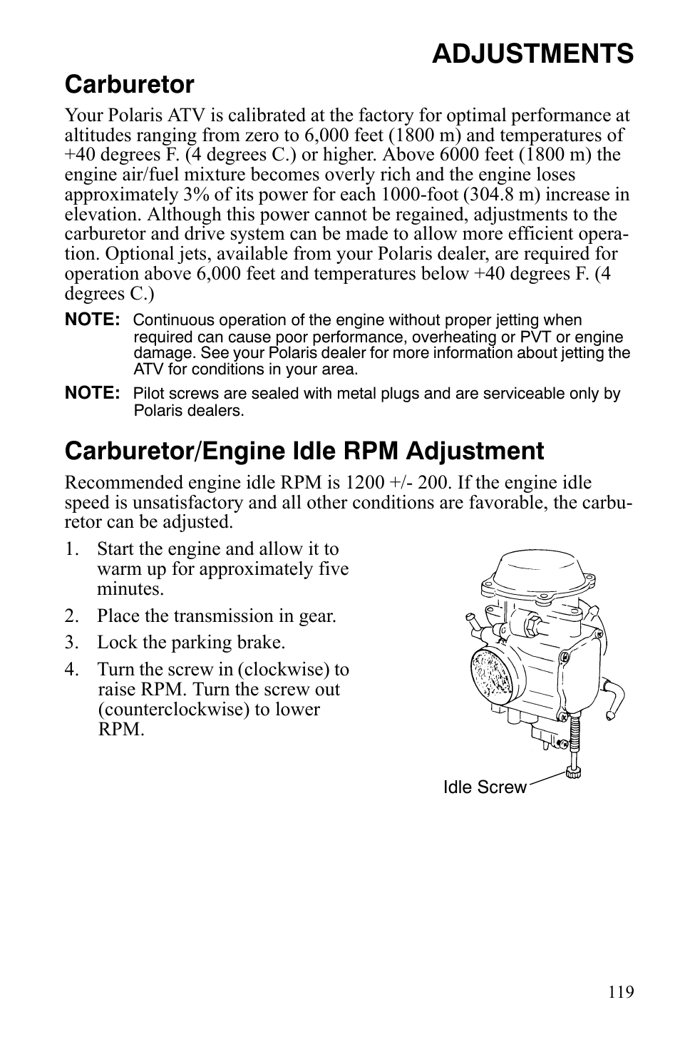 Adjustments, Carburetor, Carburetor/engine idle rpm adjustment | Polaris Sportsman 9920775 User Manual | Page 122 / 144