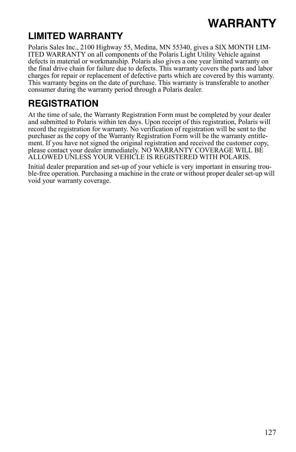 Warranty, Limited warranty, Registration | Polaris Sportsman 9920775 User Manual | Page 130 / 144