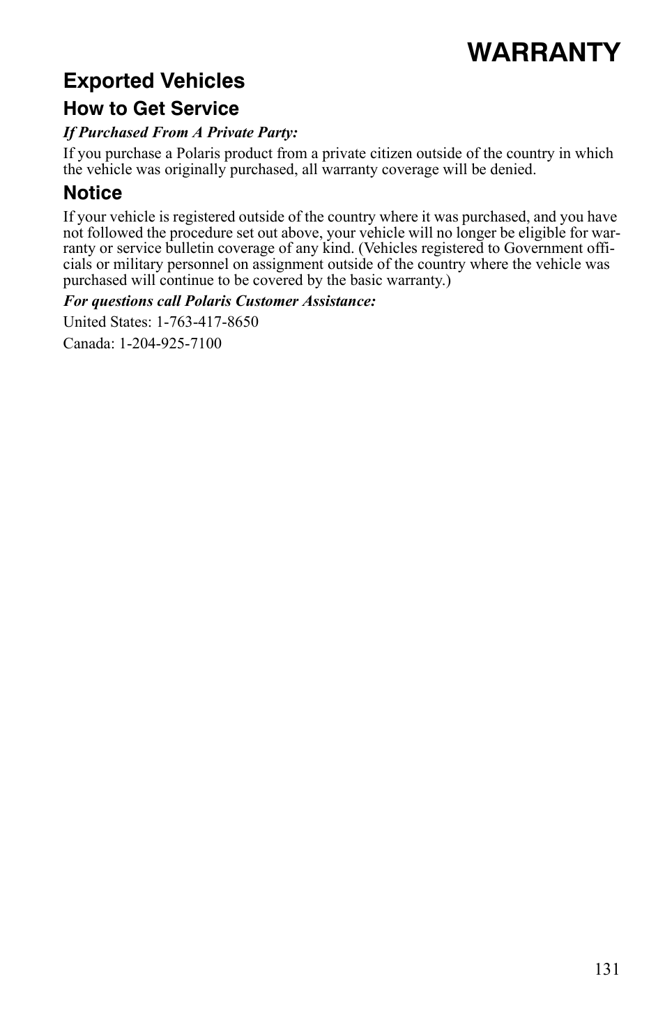 Warranty, Exported vehicles | Polaris Sportsman 9920775 User Manual | Page 134 / 144