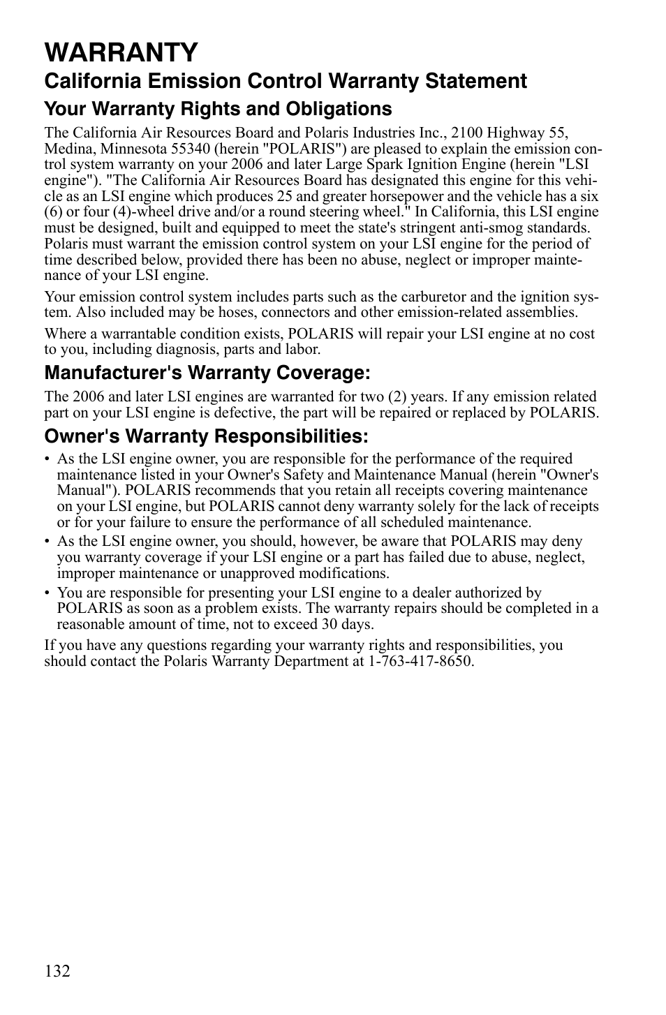 Warranty, California emission control warranty statement, Your warranty rights and obligations | Manufacturer's warranty coverage, Owner's warranty responsibilities | Polaris Sportsman 9920775 User Manual | Page 135 / 144