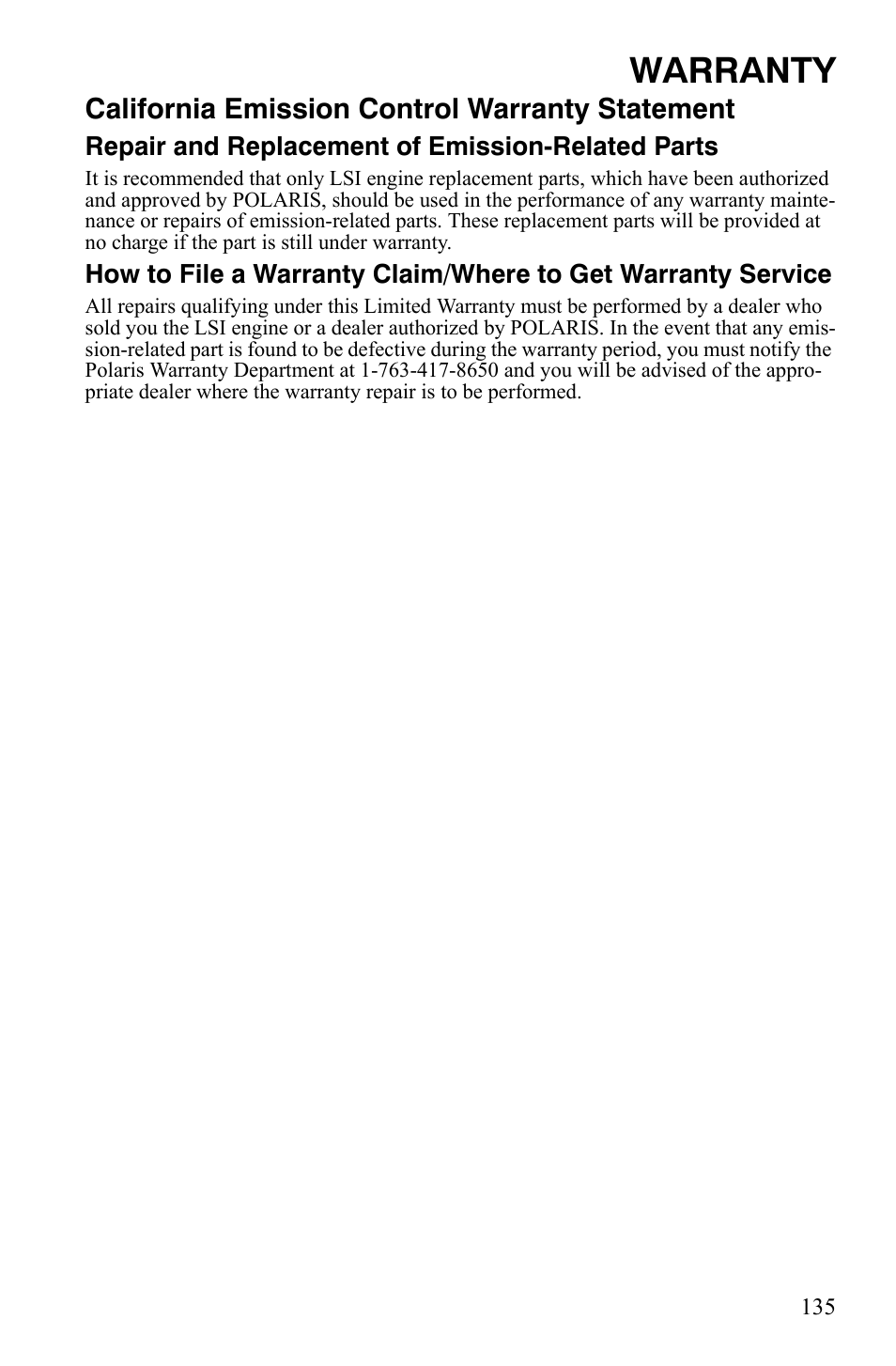 Warranty, California emission control warranty statement | Polaris Sportsman 9920775 User Manual | Page 138 / 144