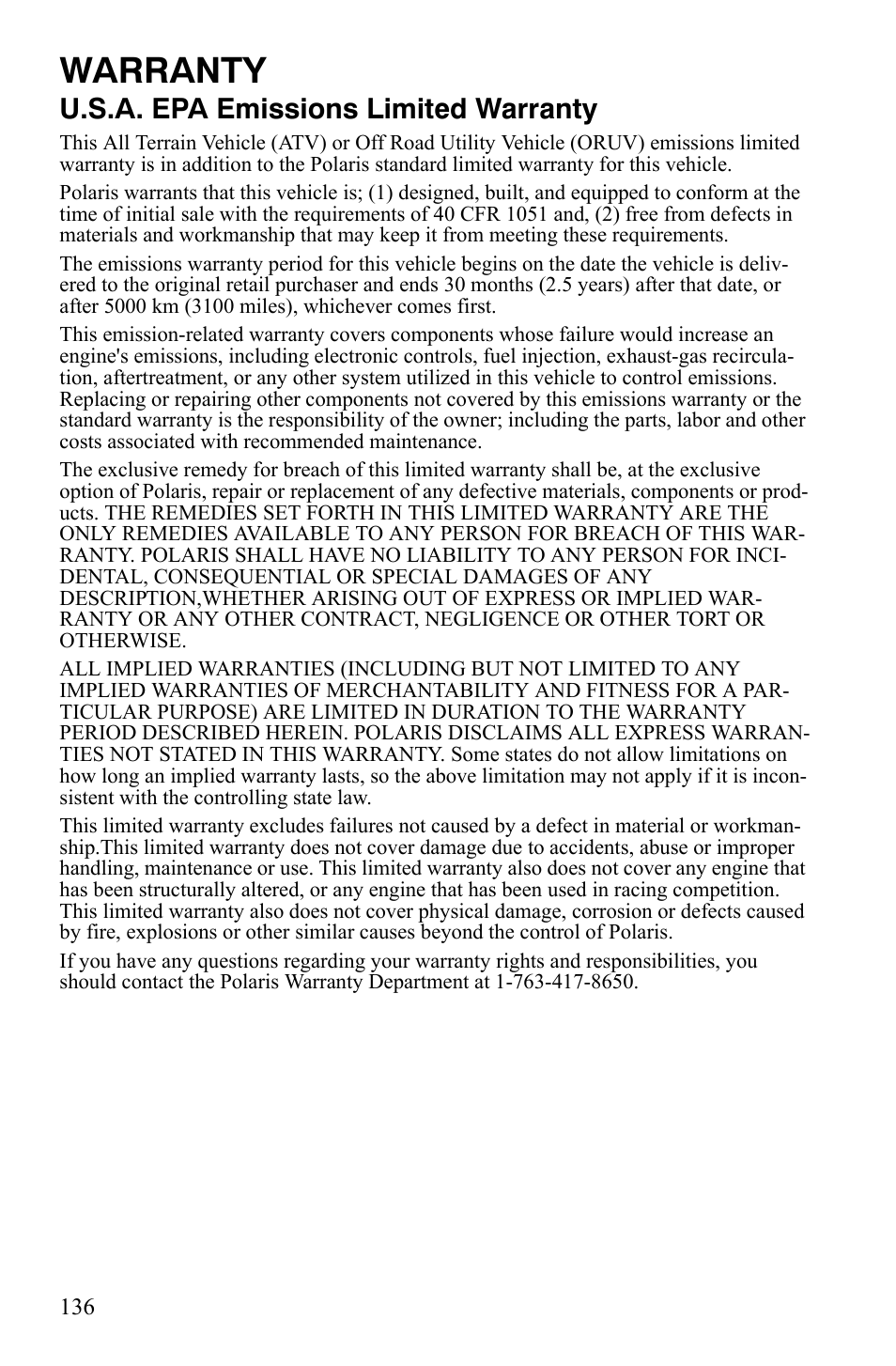 Warranty, U.s.a. epa emissions limited warranty | Polaris Sportsman 9920775 User Manual | Page 139 / 144